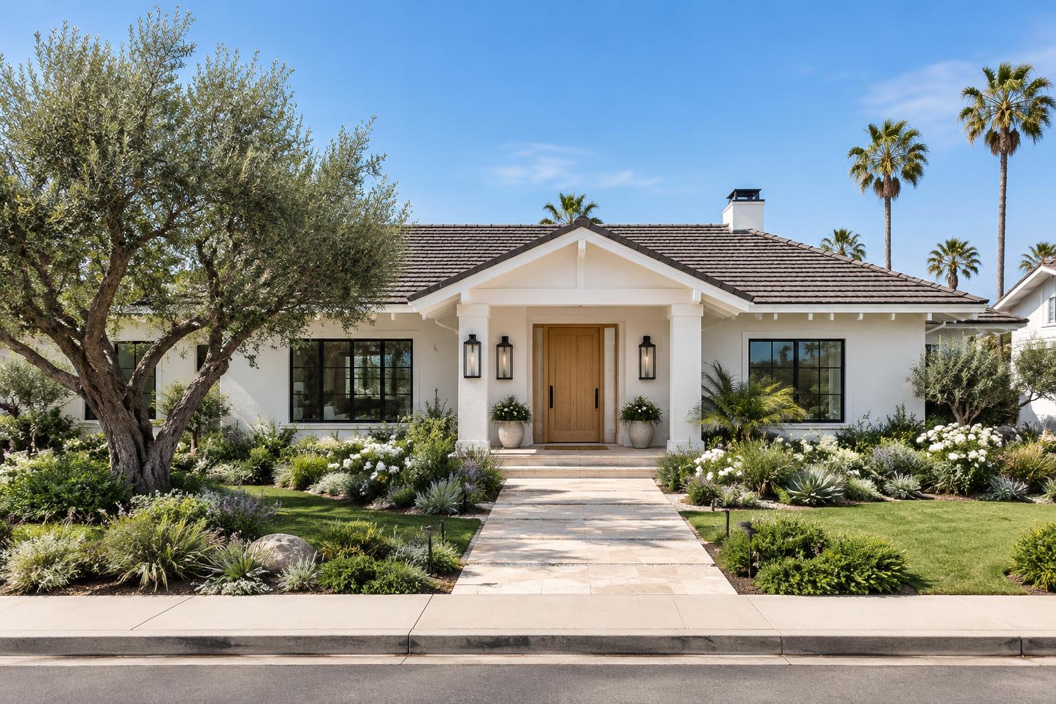 A welcoming single-story coastal home with a sunlit garden and oak front door